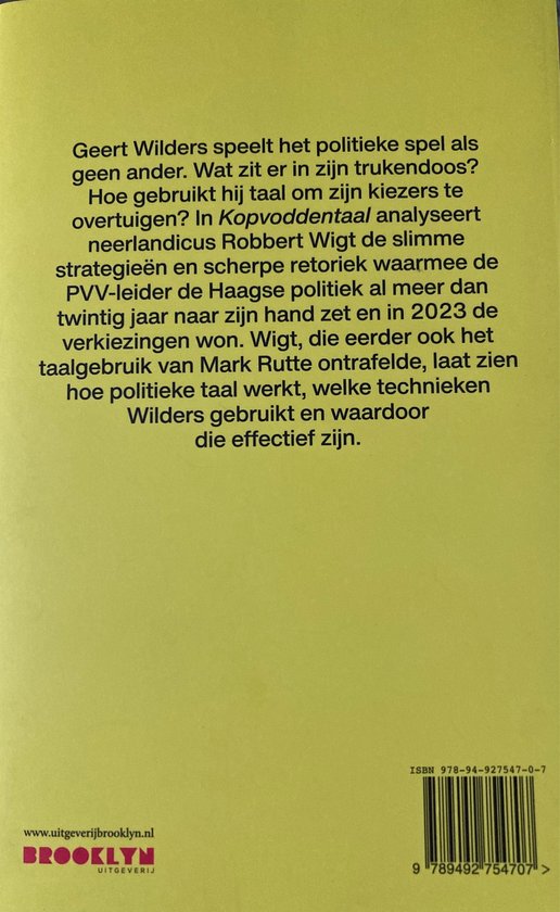 Achterkant van een boek met tekst over Geert Wilders en zijn taalgebruik. ISBN en website vermeld.