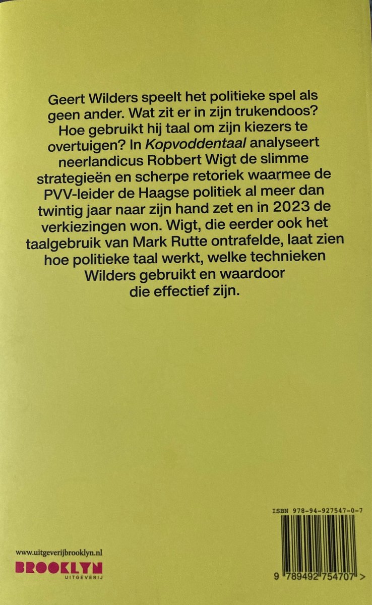 Achterkant van een boek met tekst over Geert Wilders en zijn taalgebruik. ISBN en website vermeld.