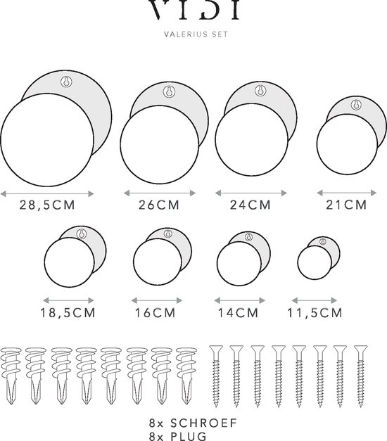 Diagramme de huit assiettes murales rondes VIDI, tailles allant de 28,5 cm à 11,5 cm, avec vis et chevilles.