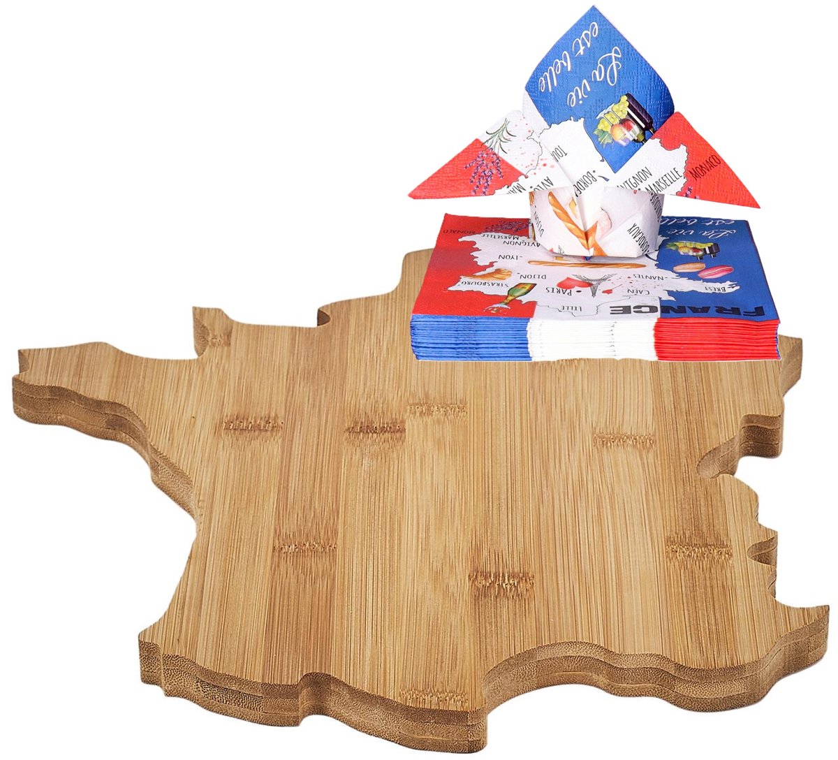 Cook concept Serveerplankje France/Frankrijk thema - 30 x 31 cm - hout - borrelplank/kaasplank - met 20x thema servetten