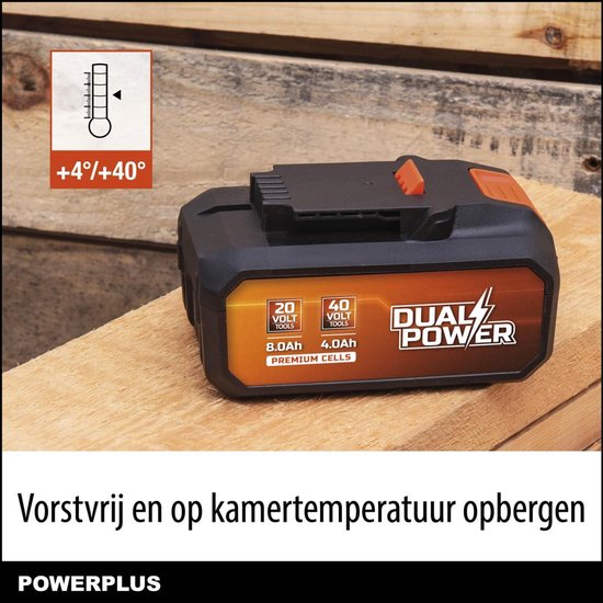 Zwarte Dual Power accu met oranje details en indicatielampjes. Tekst: +4°/+40°