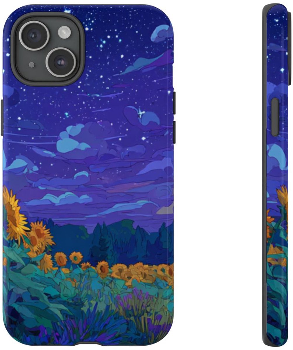 Sterrennacht Zonnebloemenveld – Telefoonhoesje Geschikt voor iPhone 15 Plus