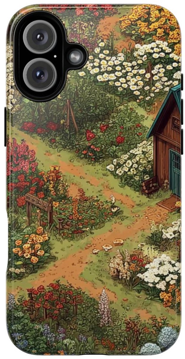 Kleurrijke Bloementuin met Huisje – Telefoonhoesje Geschikt voor iPhone 16 Plus