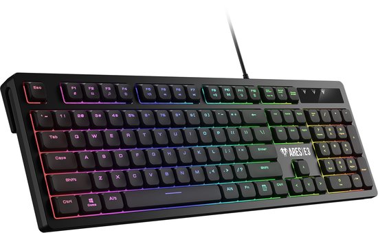 Zwart gaming toetsenbord met full RGB-verlichting en 'ARES E3'-logo.