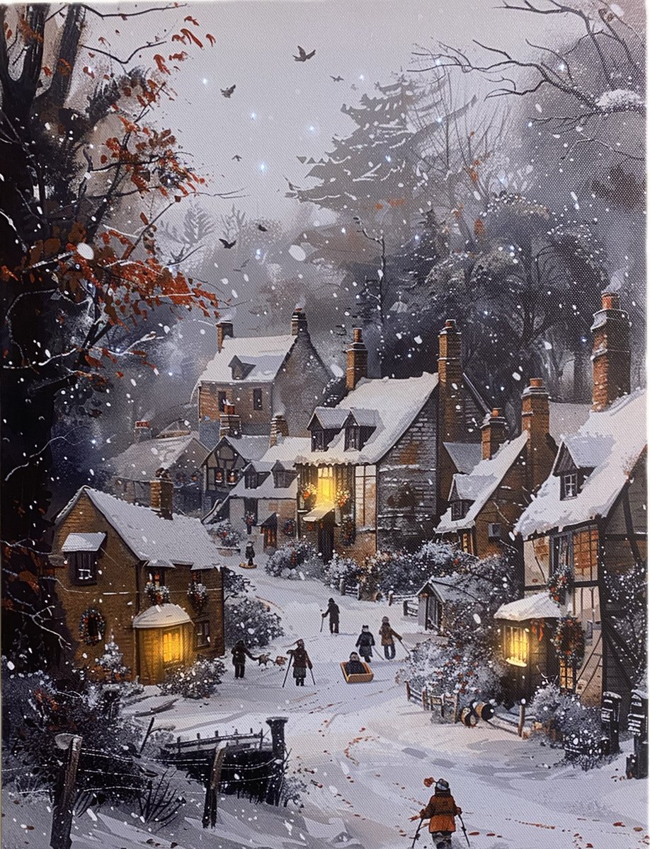 Schilderij met led verlichting - Canvas op houten frame - Dorpje in besneeuwd bos - 3 x LED + 30 x Fiberverlichting - 30 x 40 cm - Kersthuisjes en Kerstdorp met verlichting