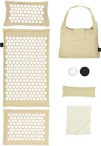 LifeGoods Acupressuur Mat Eco - 72x43x2cm - Spijkermat met Kussen / Draagtas / 2x Triggerpoint Bal - Accupunctuur mat - Spijkerbed - Beige/Wit