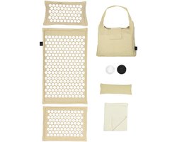 LifeGoods Acupressuur Mat Eco - 72x43x2cm - Spijkermat met Kussen / Draagtas / 2x Triggerpoint Bal - Accupunctuur mat - Spijkerbed - Beige/Wit