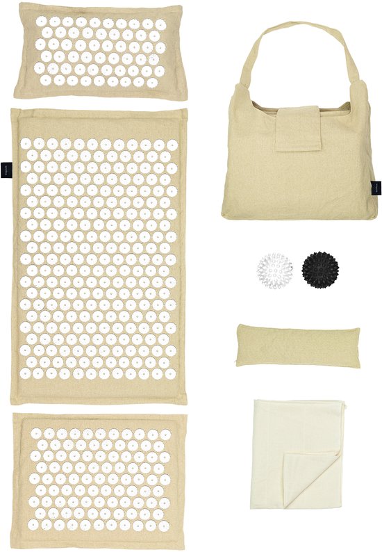 LifeGoods Acupressuur Mat Eco - 72x43x2cm - Spijkermat met Kussen / Draagtas / 2x Triggerpoint Bal - Accupunctuur mat - Spijkerbed - Beige/Wit