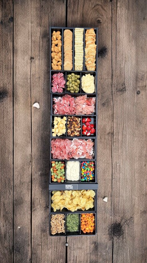 Foto: Borrelsjoelbak zwart hapjesplank met uitneembare zwarte bakjes 120 cm borrelplank mini sjoelbak