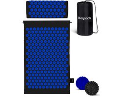 LifeGoods Acupressuur Mat met Kussen - Shakti mat - Spijkermat Incl. 2x Triggerpoint Bal - 60x40x2cm - Zwart/Blauw
