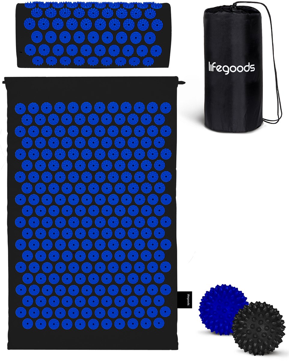 LifeGoods Spijkermat met Kussen - Shakti Mat - Acupressuur Mat - Spijkerbed - Massage Mat - Voor Pijnverlichting, Spierherstel, Stressverlichting en Meer - Incl. 2x Triggerpoint Bal - 60x40x2cm - Zwart/Blauw