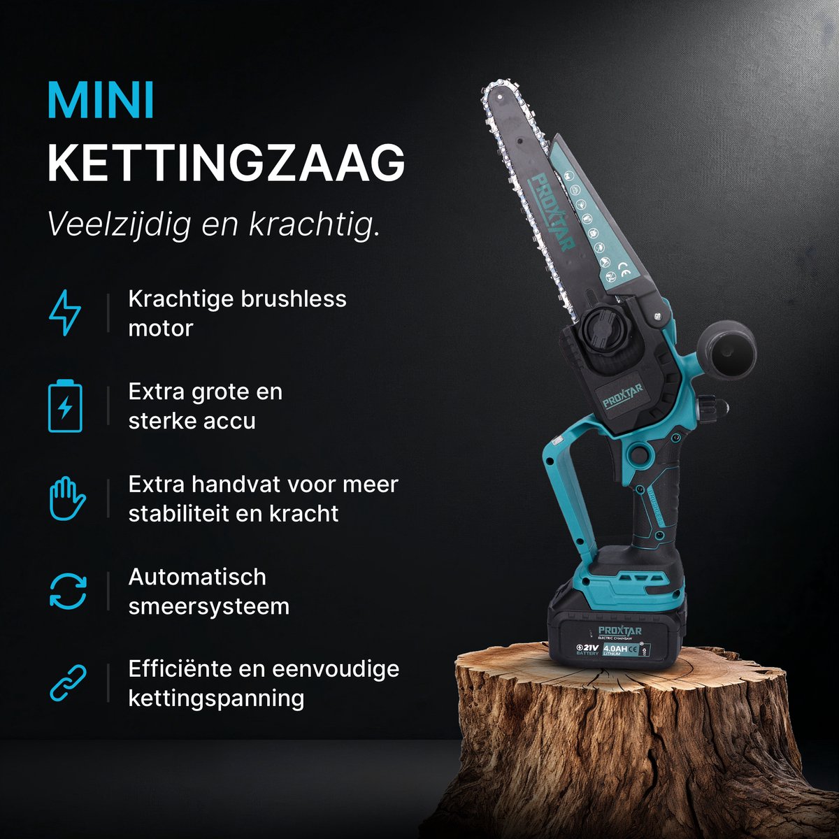 ProXtar Mini Kettingzaag + Telescopische Steel – Kettingzaag – Snoeizaag – Takkenzaag – Handzaag – 6 & 8 Inch Zaagblad – 2x 4000 mAh Accu – Inclusief Opbergkoffer & 6 Kettingen – Automatische Kettingsmering – Brushless thumbnail 3