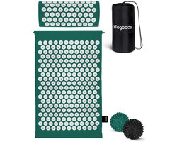 LifeGoods Acupressuur Mat met Kussen - Shakti mat - Spijkermat Incl. 2x Triggerpoint Bal - 60x40x2cm - Groen/Wit