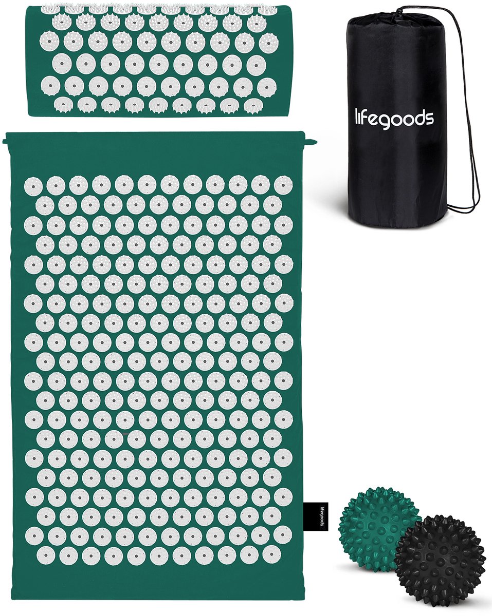 LifeGoods Acupressuur Mat met Kussen - Shakti mat - Spijkermat Incl. 2x Triggerpoint Bal - 60x40x2cm - Groen/Wit op Prijzenvolger.com