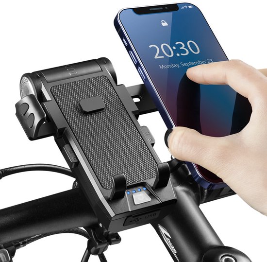OnmiMart 5in1 Telefoonhouder Fiets + Fietslamp USB Oplaadbaar -3500 mAh grote batterij + dubbele T6 LED + 130 dB luidspreker + draadloos opladen + IPX6 waterdicht--MTB & Racefiets Verlichting — afbeelding 2