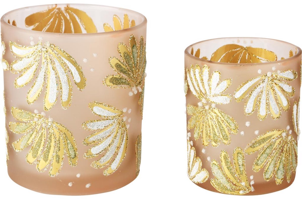 dekoratief Set 2 theelichthouders 'Glitter Fan', roze/goud, glas, 9x9x10cm | A255290