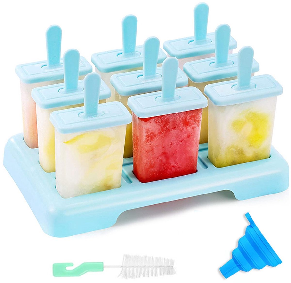 EXCITAT IJsvormpjes - 9 - Herbruikbaar - DIY ijslolly's - BPA-vrij - Wordt geleverd met reinigingsborstel en siliconen vouwtrechter - Blauw