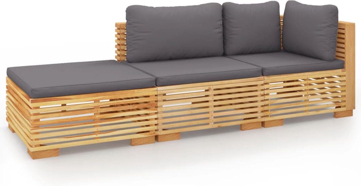 vidaXL 3-delige - Loungeset - met - kussens - massief - teakhout donkergrijs