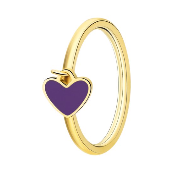 Lucardi Kinder Stalen goldplated ring met hart emaille violet - Ring - Staal - Goudkleurig - 14 / 44 mm