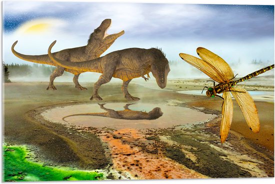 Acrylglas - Dinosaurussen bij Water in de Prehistorie - 75x50 cm Foto op Acrylglas (Met Ophangsysteem)