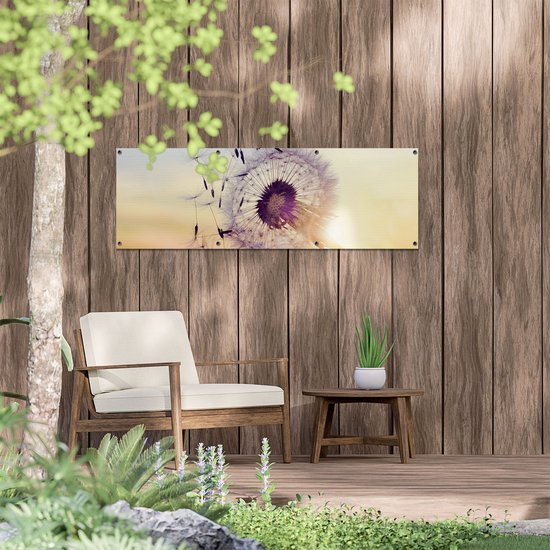 Gards Tuinposter Paardenbloem tijdens Zonsondergang - 120x40 cm - Tuindoek - Tuindecoratie - Wanddecoratie buiten - Tuinschilderij
