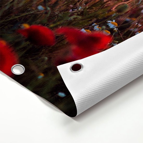 Gards Affiche de jardin Coquelicots rouges Champ de fleurs Coucher de soleil - 160x80 cm - Toile jardin - Décoration de jardin - Décoration murale extérieur - Tableau jardin