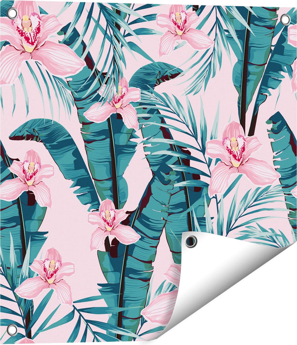 Gards Tuinposter Tropische Roze Zomer Bloemen met Bladeren - 50x50 cm - Tuindoek - Tuindecoratie - Wanddecoratie buiten - Tuinschilderij Multikleur