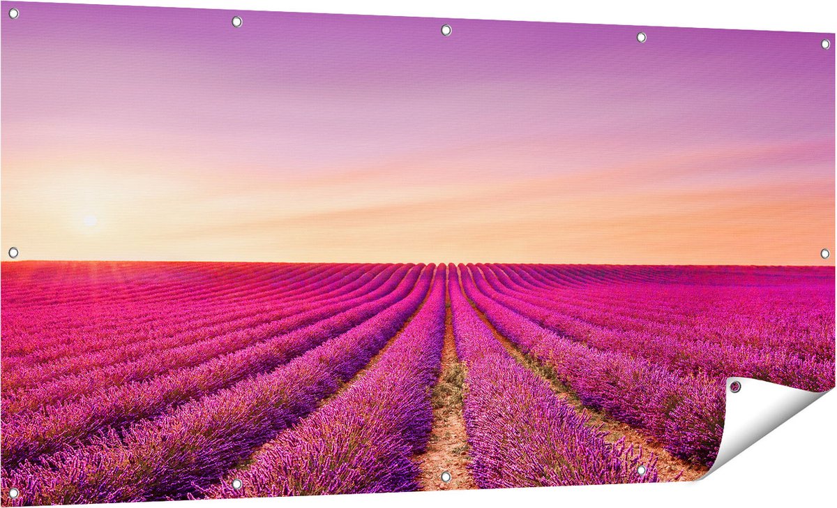 Gards Tuinposter Paarse Lavendel Bloemenveld - 160x80 cm - Tuindoek - Tuindecoratie - Wanddecoratie buiten - Tuinschilderij Multikleur
