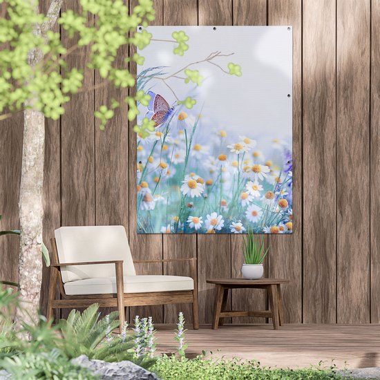 Gards Poster de jardin Fleurs de camomille Witte avec un papillon - 90x120 cm - Toile de jardin - Décoration de jardin - Décoration murale extérieur - Tableau de jardin