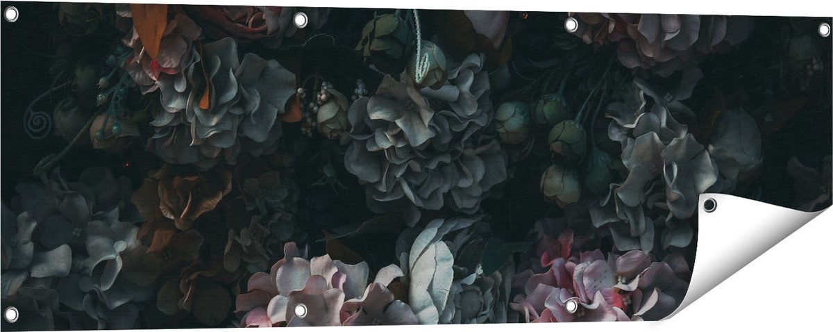 Gards Tuinposter Bloemen in het Donker - Duisternis - 120x40 cm - Tuindoek - Tuindecoratie - Wanddecoratie buiten - Tuinschilderij Multikleur