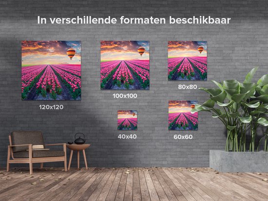 Gards Poster de Jardin Champ de Fleurs avec Tulipes Roses - Montgolfière - 100x100 cm - Toile Jardin - Décoration de jardin - Décoration murale Extérieure - Tableau Jardin