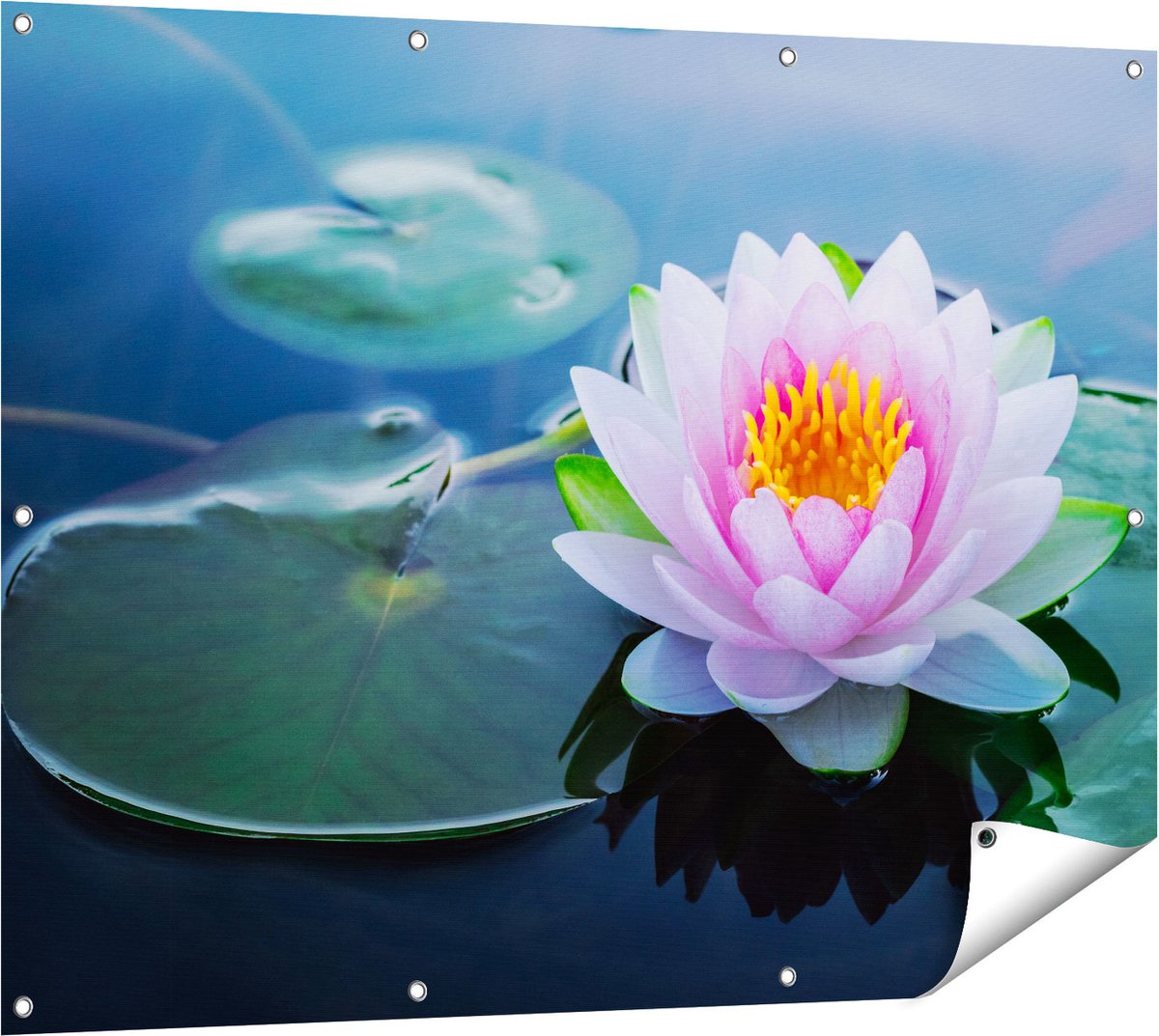 Gards Tuinposter Roze Lotusbloem met Waterlelies - 120x90 cm - Tuindoek - Tuindecoratie - Wanddecoratie buiten - Tuinschilderij Multikleur