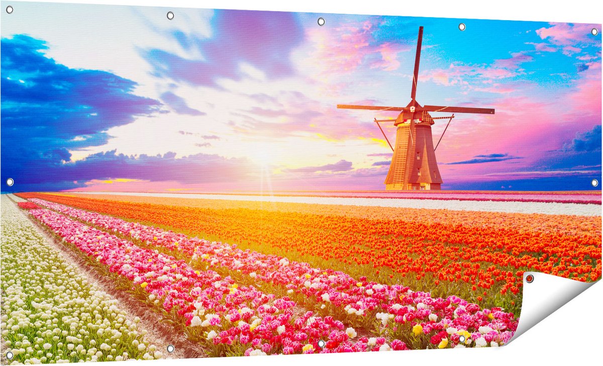 Gards Tuinposter Kleurrijke Bloemenveld met een Windmolen - 160x80 cm - Tuindoek - Tuindecoratie - Wanddecoratie buiten - Tuinschilderij Multikleur