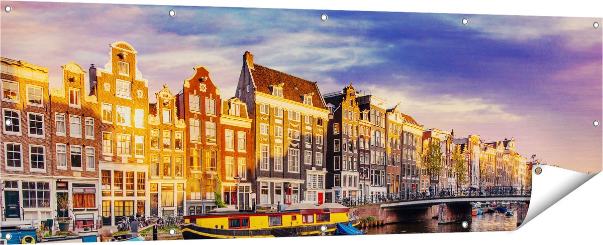 Gards Tuinposter Amsterdamse Gracht in de Nacht met Sterren - 180x60 cm - Tuindoek - Tuindecoratie - Wanddecoratie buiten - Tuinschilderij Multikleur
