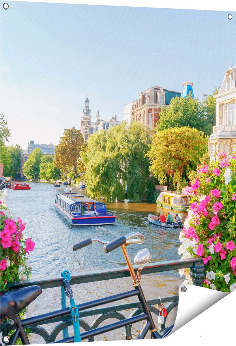 Gards Tuinposter Amsterdamse Kanaal met Bloemen - 80x100 cm - Tuindoek - Tuindecoratie - Wanddecoratie buiten - Tuinschilderij Multikleur