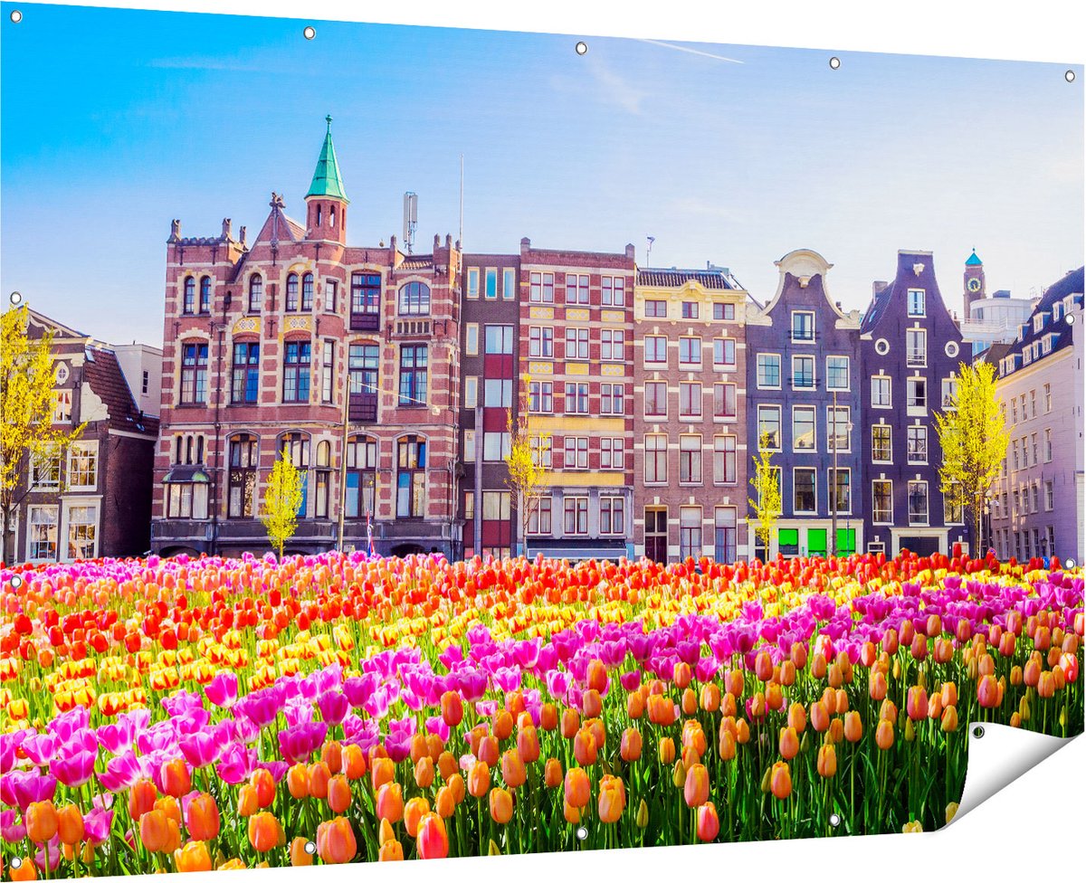 Gards Tuinposter Amsterdamse Huisjes met Tulpen - Kleur - 180x120 cm - Tuindoek - Tuindecoratie - Wanddecoratie buiten - Tuinschilderij Multikleur