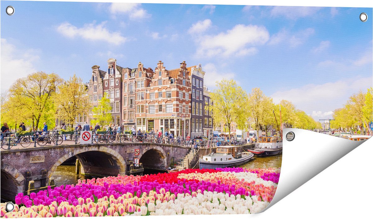 Gards Tuinposter Amsterdamse Huisjes aan de Grachten - 80x40 cm - Tuindoek - Tuindecoratie - Wanddecoratie buiten - Tuinschilderij Multikleur