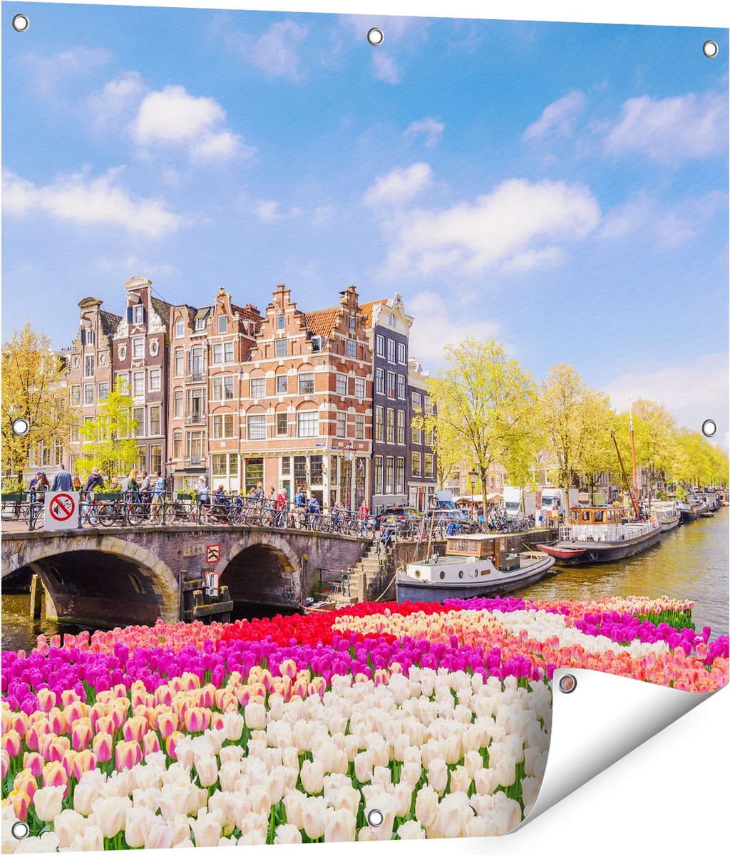 Gards Tuinposter Amsterdamse Huisjes aan de Grachten - 80x80 cm - Tuindoek - Tuindecoratie - Wanddecoratie buiten - Tuinschilderij Multikleur