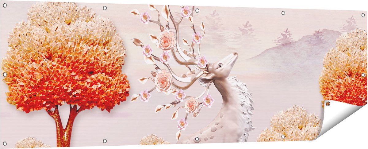 Gards Tuinposter 3D Illustratie Hert - Abstract - 180x60 cm - Tuindoek - Tuindecoratie - Wanddecoratie buiten - Tuinschilderij Multikleur
