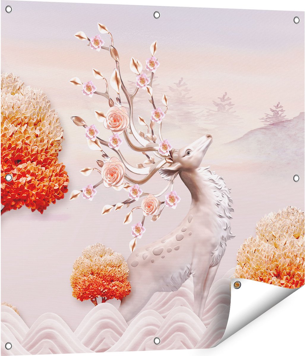 Gards Tuinposter 3D Illustratie Hert - Abstract - 80x80 cm - Tuindoek - Tuindecoratie - Wanddecoratie buiten - Tuinschilderij Multikleur