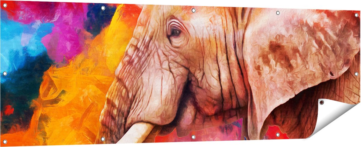 Gards Tuinposter Kleurrijke Olifant - Abstract - 180x60 cm - Tuindoek - Tuindecoratie - Wanddecoratie buiten - Tuinschilderij Multikleur