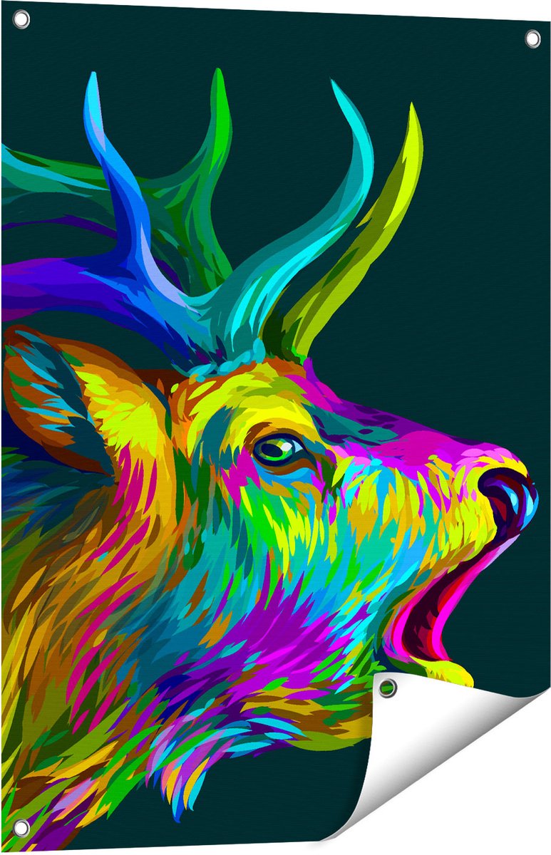 Gards Tuinposter Hertenkop - Hert - Abstract - Kleur - 60x80 cm - Tuindoek - Tuindecoratie - Wanddecoratie buiten - Tuinschilderij Multikleur