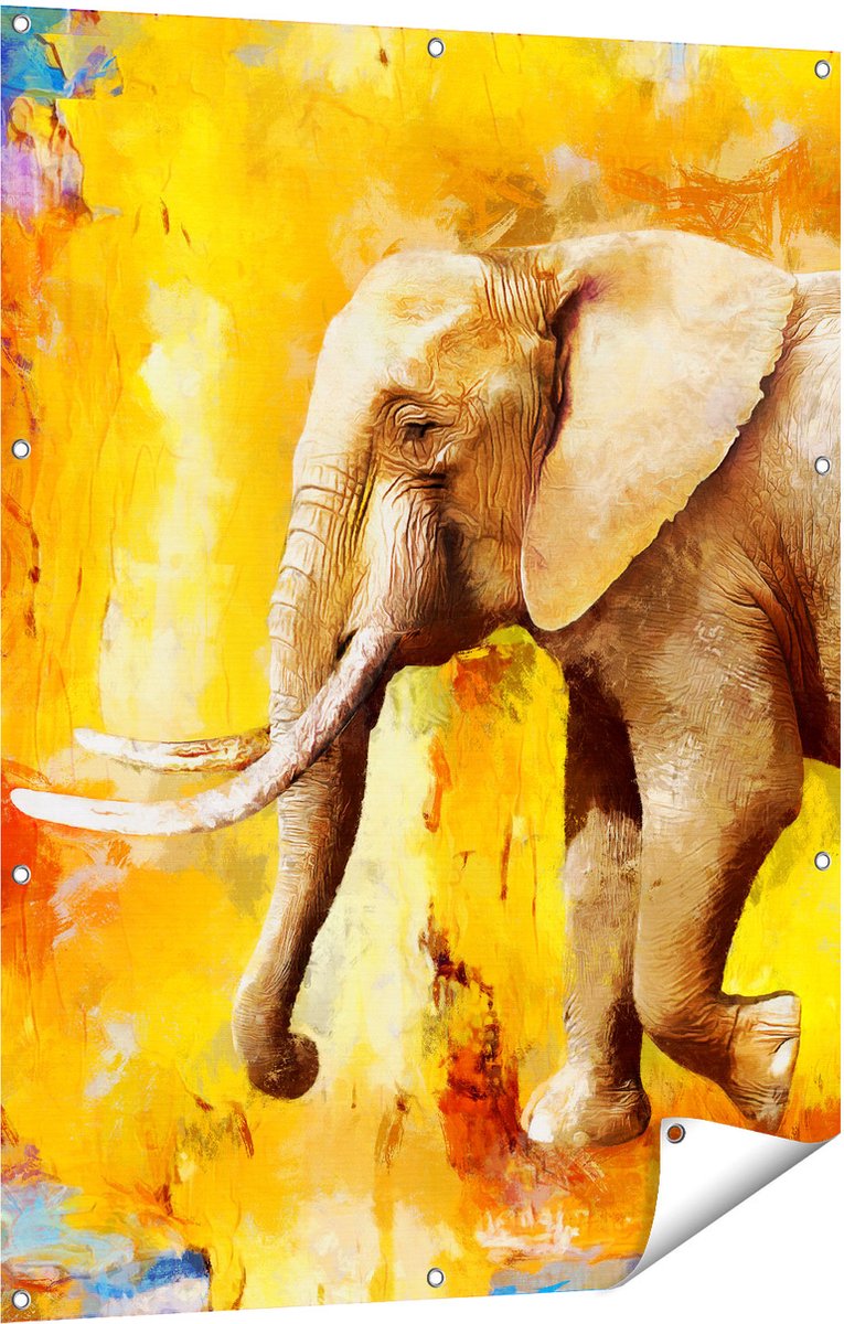 Gards Tuinposter Geschilderde Olifant Olieverf - Abstract - 90x120 cm - Tuindoek - Tuindecoratie - Wanddecoratie buiten - Tuinschilderij Multikleur