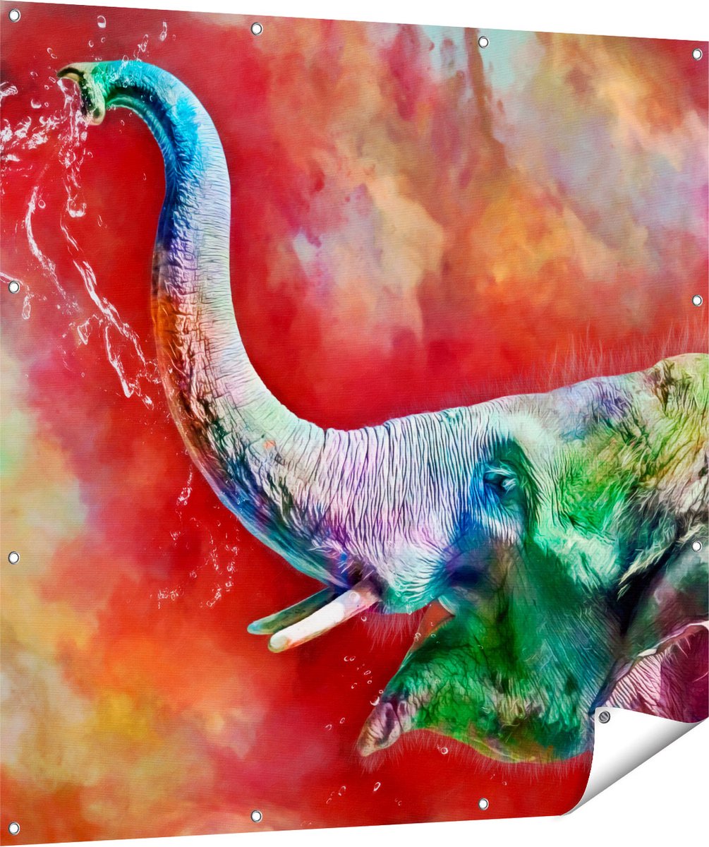 Gards Tuinposter Getekende Vrolijke Olifant - Abstract - 120x120 cm - Tuindoek - Tuindecoratie - Wanddecoratie buiten - Tuinschilderij Multikleur