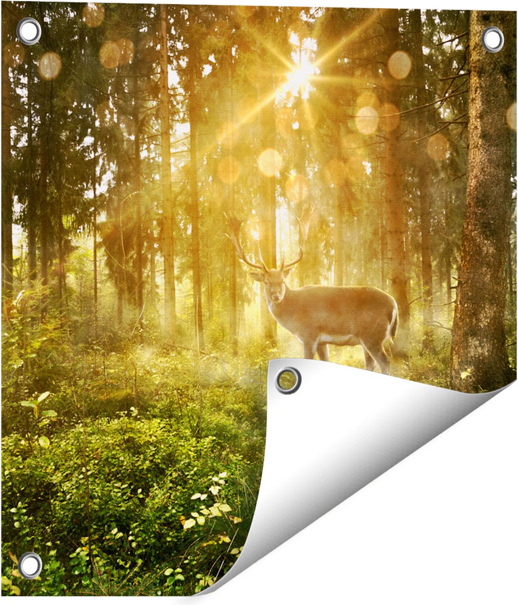 Gards Tuinposter Hert in Bos met Zon - 40x40 cm - Tuindoek - Tuindecoratie - Wanddecoratie buiten - Tuinschilderij Multikleur