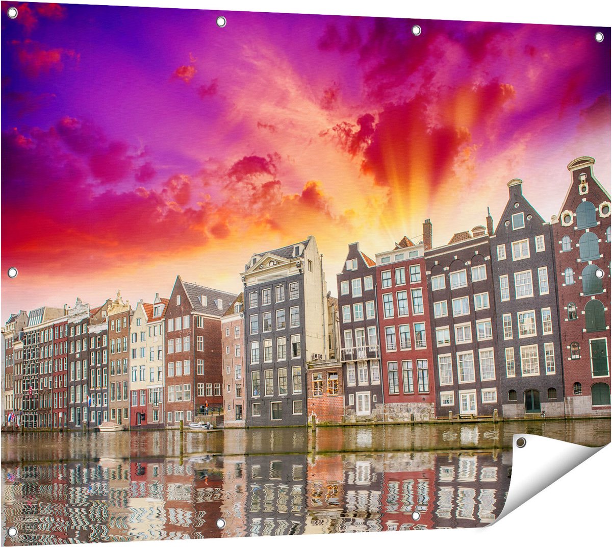 Gards Tuinposter Amsterdamse Huisjes bij het Kanaal - Kleur - 120x90 cm - Tuindoek - Tuindecoratie - Wanddecoratie buiten - Tuinschilderij Multikleur
