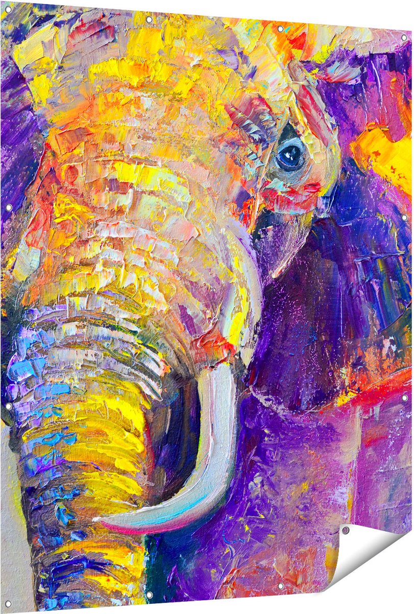 Gards Tuinposter Olifant van Olieverf - Kleur - Abstract - 120x150 cm - Tuindoek - Tuindecoratie - Wanddecoratie buiten - Tuinschilderij Multikleur