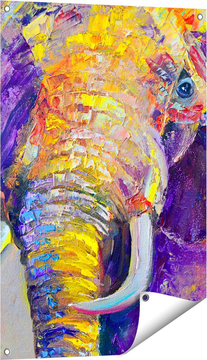 Gards Tuinposter Olifant van Olieverf - Kleur - Abstract - 60x90 cm - Tuindoek - Tuindecoratie - Wanddecoratie buiten - Tuinschilderij Multikleur