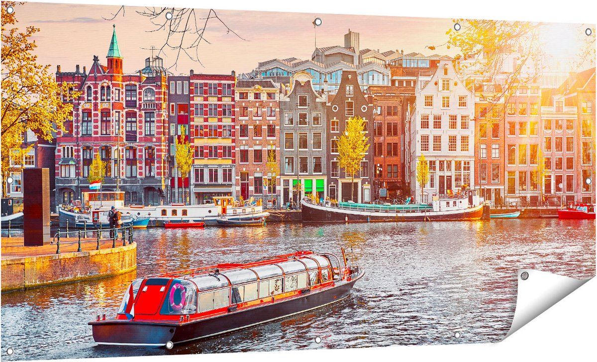 Gards Tuinposter Amsterdamse Huisjes vanaf de Grachten - 160x80 cm - Tuindoek - Tuindecoratie - Wanddecoratie buiten - Tuinschilderij Multikleur
