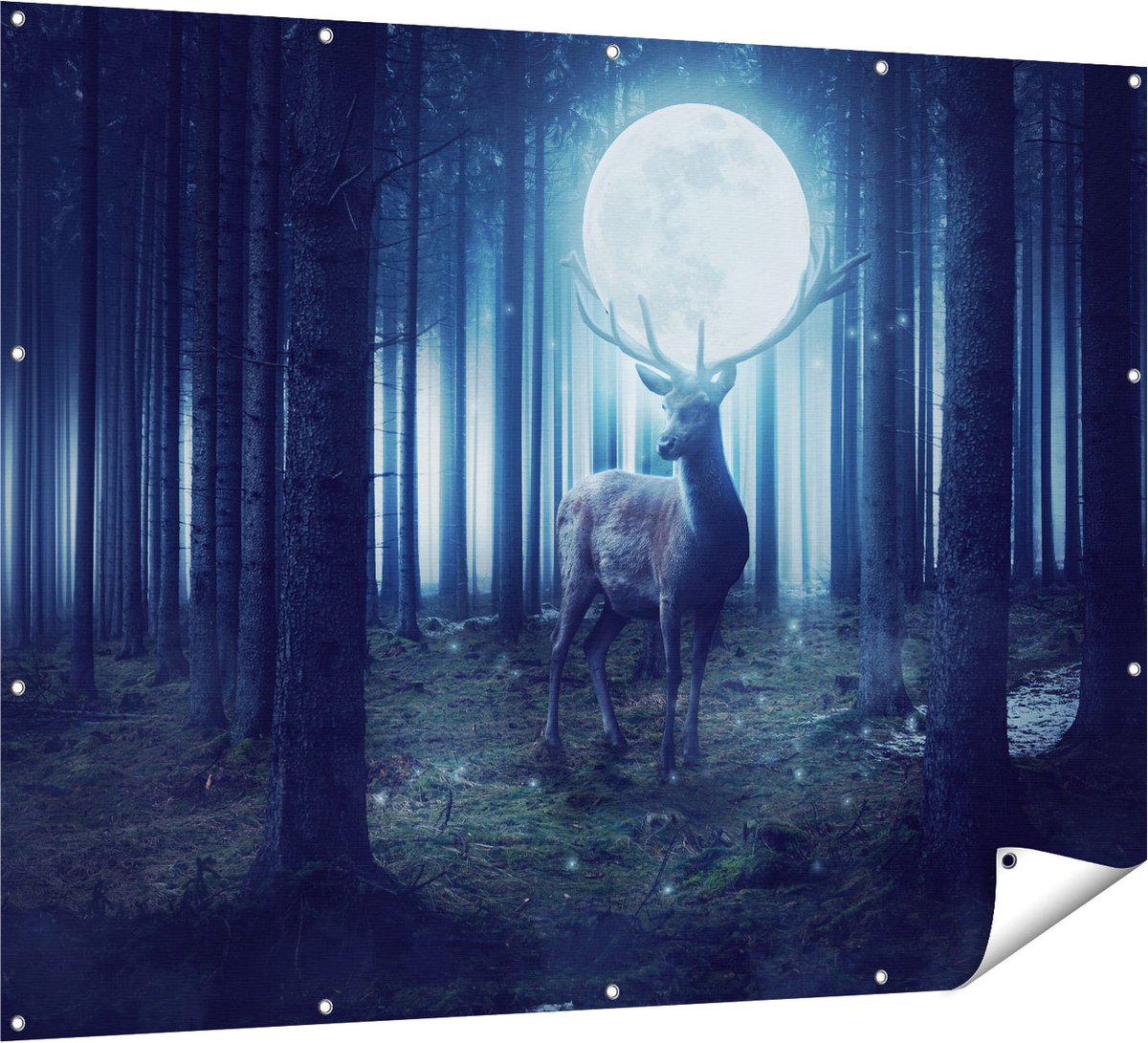 Gards Tuinposter Hert in het Bos tijdens Volle Maan - 160x120 cm - Tuindoek - Tuindecoratie - Wanddecoratie buiten - Tuinschilderij Multikleur